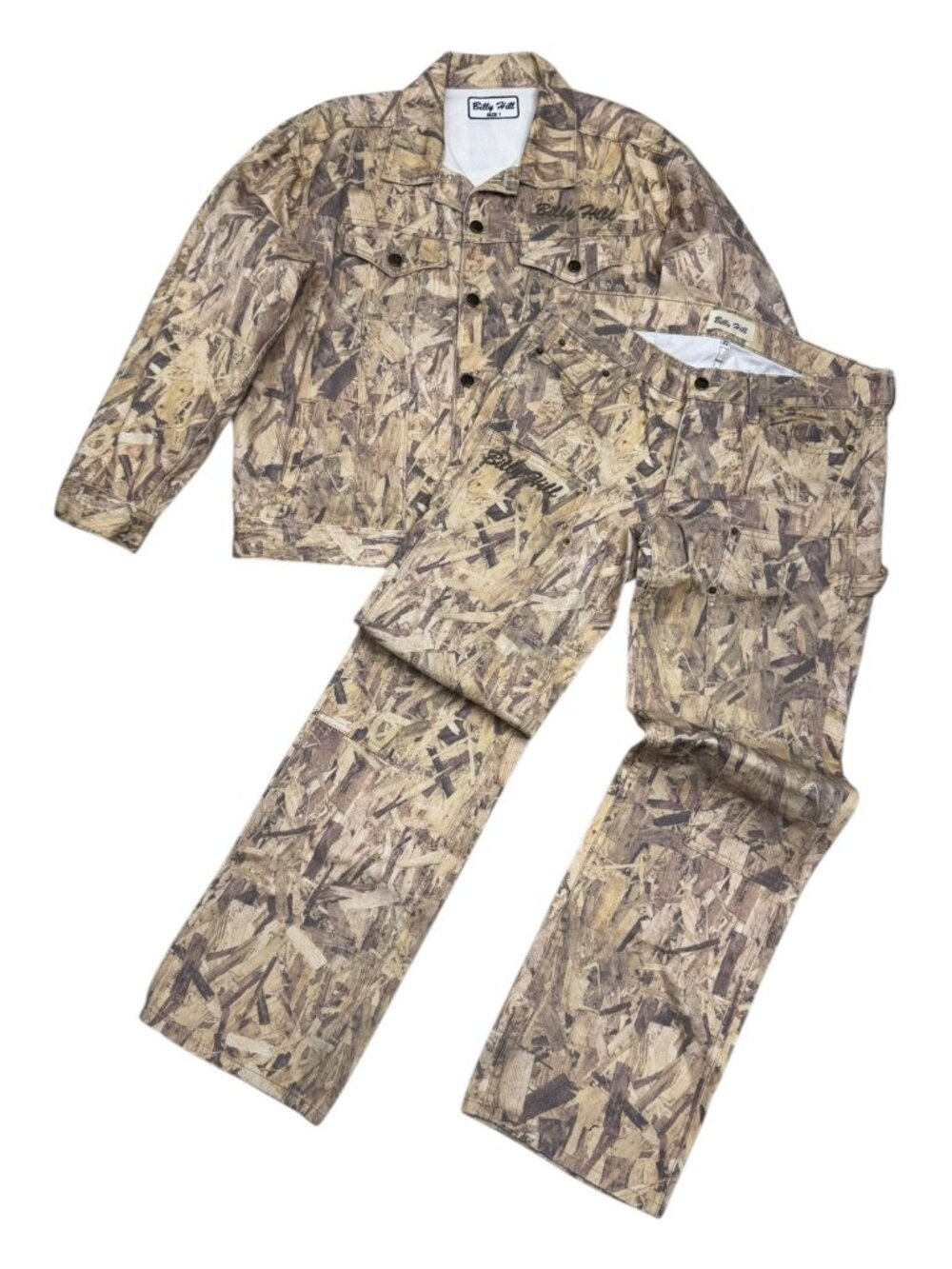 RARE BILLY HILL Wood CAMO Denim 2-Piece Streetwear Limited Jacket & Jeans - L